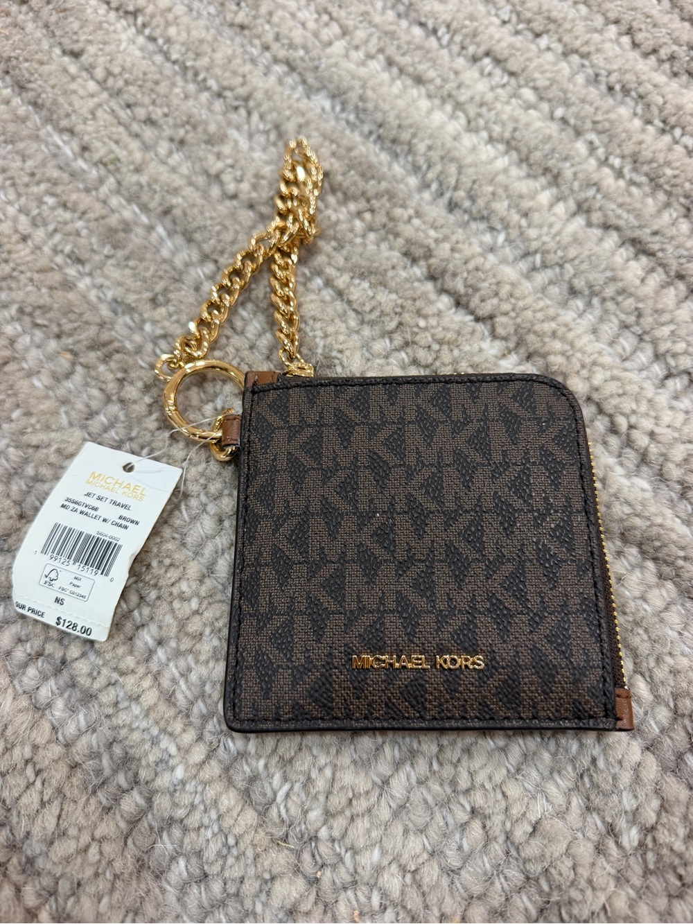 MICHAEL Michael Kors Brown Signature Zip Card Case with Gold Chain